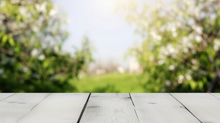 Wooden table in front of blurred spring garden background. Mock up for display of product.