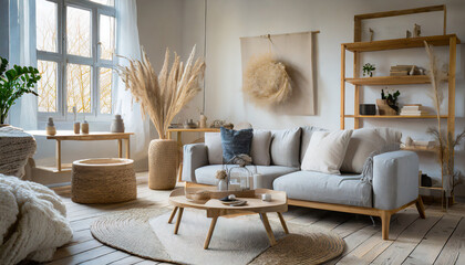 Nordic Haven, Scandinavian living room with light wood, neutral palette, and cozy textiles for minimalistic serenity.