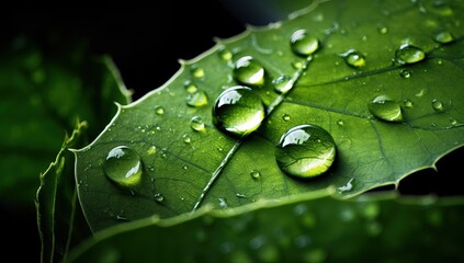 Close up of Dew Drops on Dark Green Leaf