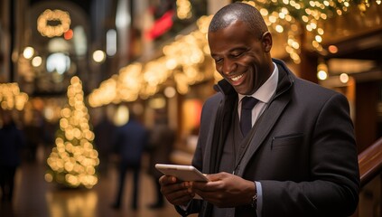 African american businessman using smartphone in the city at Christmas time