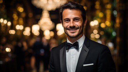 Portrait of young handsome man in tuxedo at night club