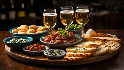 Beer and Appetizers on Wooden Tray at Night Party