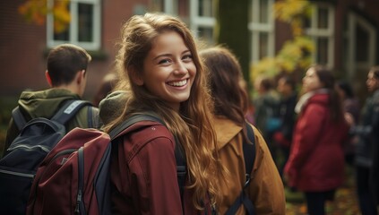 Obraz premium Happy young female student with backpack standing in front of students in university campus