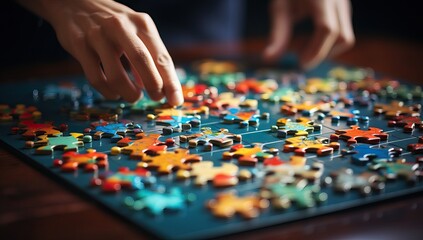 Close-up image of businesswoman assembling jigsaw puzzle on table