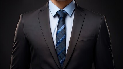  a man in a suit with a blue and black tie and a white shirt and a black and blue striped tie.  generative ai