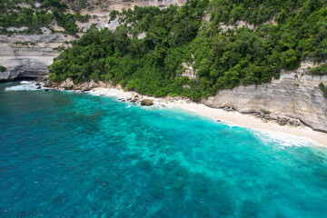Drone view of Suwehan Beach on sunny day. Nusa Penida Island, Indonesia.