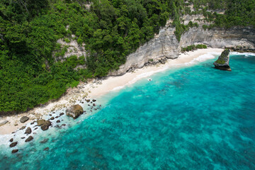 Aerial view of Suwehan Beach on sunny day. Nusa Penida Island, Indonesia.