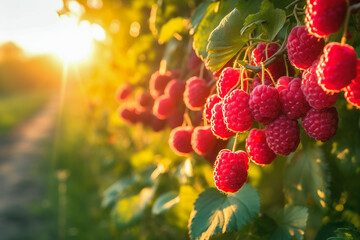 Close up of raspberry plant with ripe red raspberries outside with sunset. Agricultural concept of Industry and production.