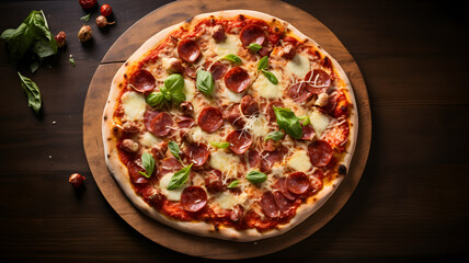 Beautiful and tasty pizza with salami and basil on a table