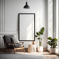 blank white, pleasant interior featuring an empty poster frame. internal frame mockup