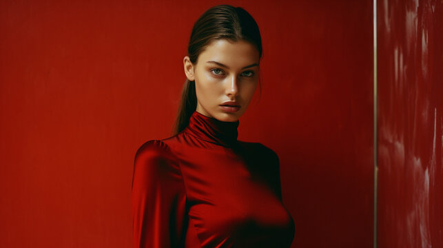 A fashion editorial photoshoot of a female model in red