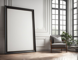 blank white, pleasant interior featuring an empty poster frame. internal frame mockup