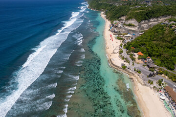 Drone view of Melasti Beach on sunny day. Bali, Indonesia.