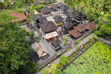 Aerial view of Pura Masceti hindu temple on sunny day. Bali, Indonesia.