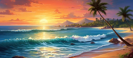 Poster The beautiful summer sunset over the ocean creates a breathtaking landscape as the white sand blends with the blue sea and the sky reflects in the calm waters painting a perfect background  © TheWaterMeloonProjec
