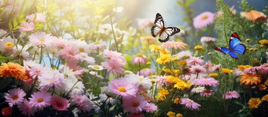 The beautiful garden was adorned with colorful flowers and vibrant green plants creating a stunning backdrop for the white butterflies fluttering in the warm summer air showcasing the beaut