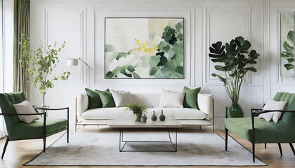 Minimalist Marvel, Achieve simplicity in your Scandinavian living room with functional furnishings, monochromatic hues, and greenery.