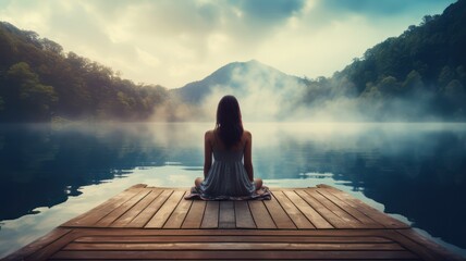 Young woman meditating on a wooden pier on the edge of a lake created with Generative AI
