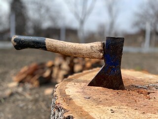 Closeup shot of an axe stucking in a stump in the forest - Powered by Adobe