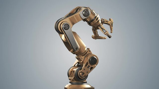 Robotic arm or yellow mechanical hand in turntable. Industrial robot manipulator showcase. Futuristic technology. Isolated on color background with alpha. 3d rendering animation