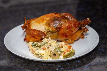 Traditional homemade roast chicken, stuffed with farofa