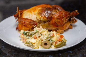 Traditional homemade roast chicken, stuffed with farofa