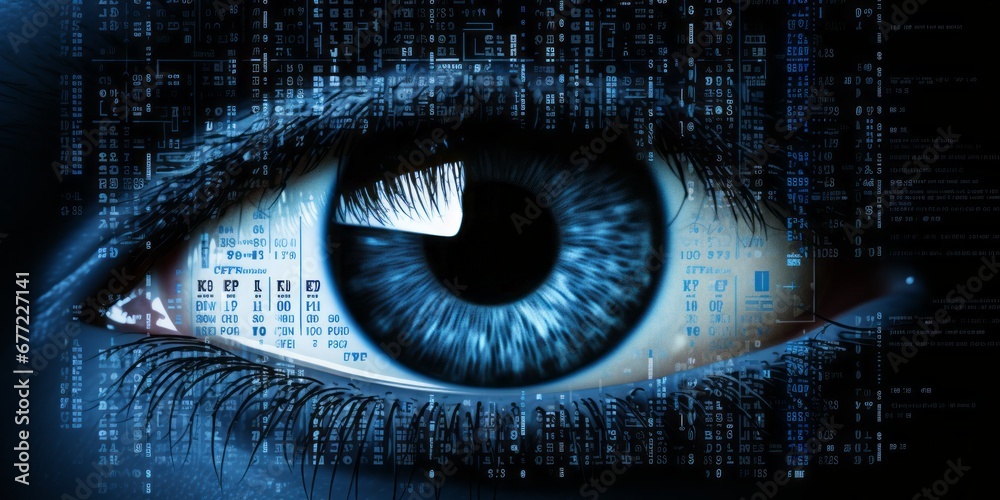 Poster Digital Vision: A Human Eye Reveals Binary Code, Unveiling the Matrix of AI and KI, Symbolizing the Futuristic Fusion of Technology and Artificial Intelligence