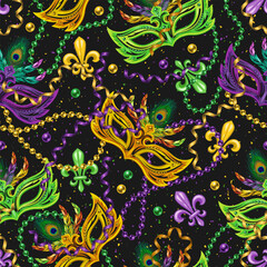 Seamless pattern with fleur de lis, strings of beads, serpentine, masks, confetti. Mardi gras carnival design. Vintage illustration for prints, clothing, surface design