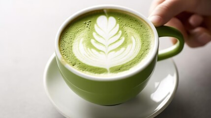 Matcha latte in a mug with latte art on a sunny day on white table - obrazy, fototapety, plakaty