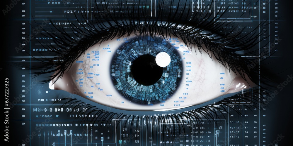 Poster Digital Vision: A Human Eye Reveals Binary Code, Unveiling the Matrix of AI and KI, Symbolizing the Futuristic Fusion of Technology and Artificial Intelligence