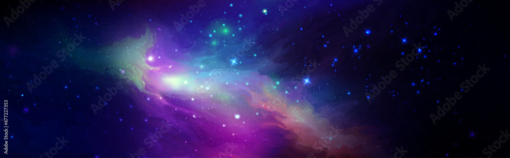 Sticker space vector background with realistic nebula and shining stars. magic colorful galaxy with stardust