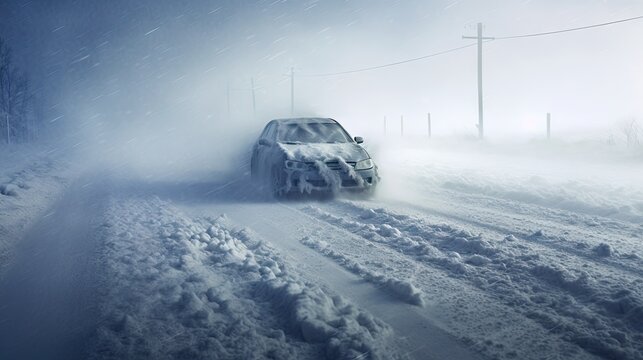  a car driving down a snow covered road in the middle of the night with a lot of snow on the ground.  generative ai
