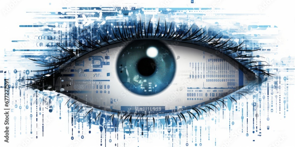Poster Digital Vision: A Human Eye Reveals Binary Code, Unveiling the Matrix of AI and KI, Symbolizing the Futuristic Fusion of Technology and Artificial Intelligence