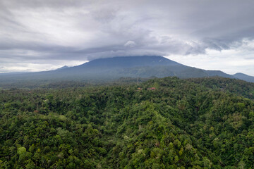 Aerial view of Mount Agung on cloudy day. Bali, Indonesia.