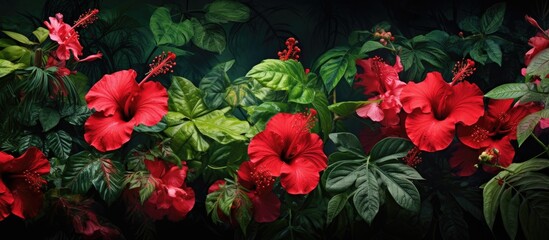 The beautiful background of the garden was filled with the vibrant colors of green leaves and red hibiscus flowers creating a breathtaking display of nature s own art - obrazy, fototapety, plakaty