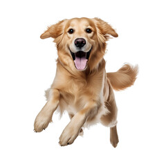 Golden dog is jumping happily on PNG transparent background.