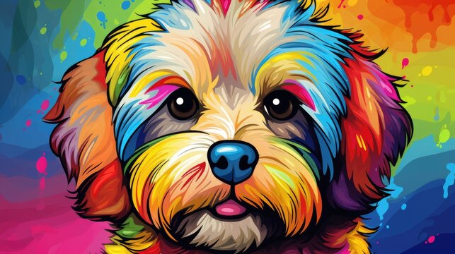  a close up of a dog's face with colorful paint splatters on the wall in the background.  generative ai