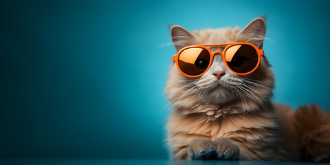Cat wearing sunglasses on a dark turquoise background, banner with empty space for inserting text and logo, digital art, panoramic background, minimalist
