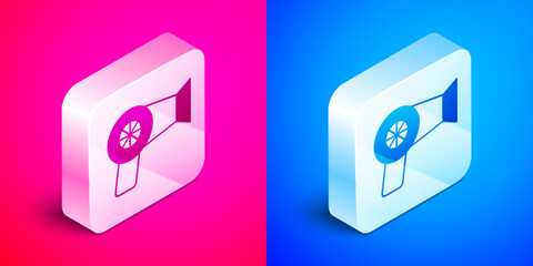 Isometric Hair dryer icon isolated on pink and blue background. Hairdryer sign. Hair drying symbol. Blowing hot air. Silver square button. Vector