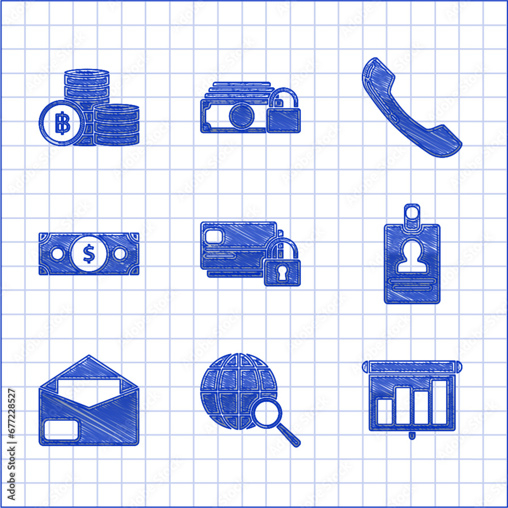 Poster Set Credit card with lock, schedule, chart, diagram, infographic, pie graph, Identification badge, Envelope, Stacks paper money cash, Telephone handset and Cryptocurrency coin Bitcoin icon. Vector