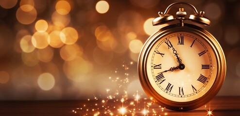 Close up of beautiful golden antique clock with roman numerals on a festive lights background, New Year festive, New Year eve, 2024, Celabretion