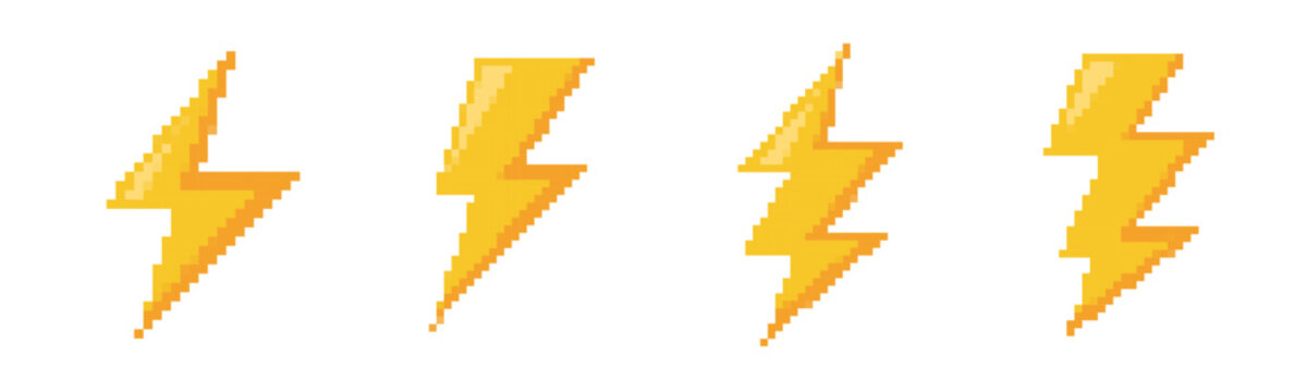 Pixel 8 bit lightning bolt retro icon. 8 bit old game zap thunder vintage symbol