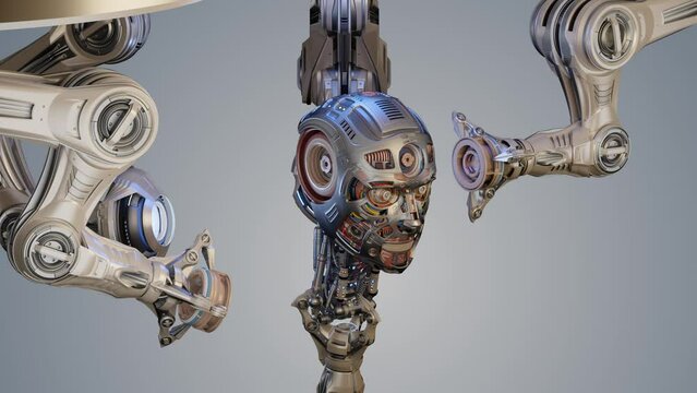 Futuristic robot head or humanoid face under construction by mechanical assembly arms. Cyber factory isolated on color background. 3d rendering animation with alpha