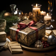 christmas present wrapped with a red ribbon, still life with candle on a table. generative ai 