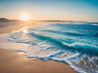 Beautiful sunrise on the beach with turquoise water and sand