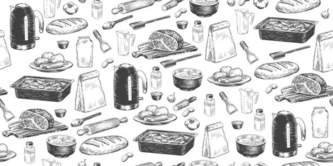 Seamless pattern with sketches of kitchen utensils for cooking. Background with kettle, spatula, measuring cup, peeler, spice packs, baking tray, roast beef on cutting board. Hand drawn illustration - obrazy, fototapety, plakaty
