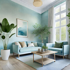 Tranquil Tones, Calming Scandinavian space—soft blues, muted greens, and natural materials in the living room.