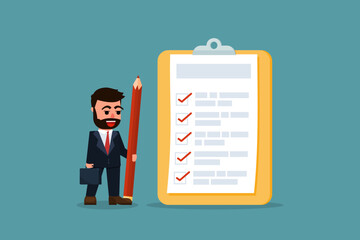 A businessman is ticking boxes to get things done. Completed checklist Success or project progress concept. Concept of ticking boxes to check all completed tasks for the day.