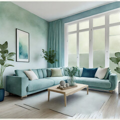 Tranquil Tones, Calming Scandinavian space—soft blues, muted greens, and natural materials in the living room.