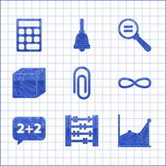 Set Paper clip, Abacus, Graph, schedule, chart, diagram, Infinity, Equation solution, Geometric figure Cube, Calculation and Calculator icon. Vector